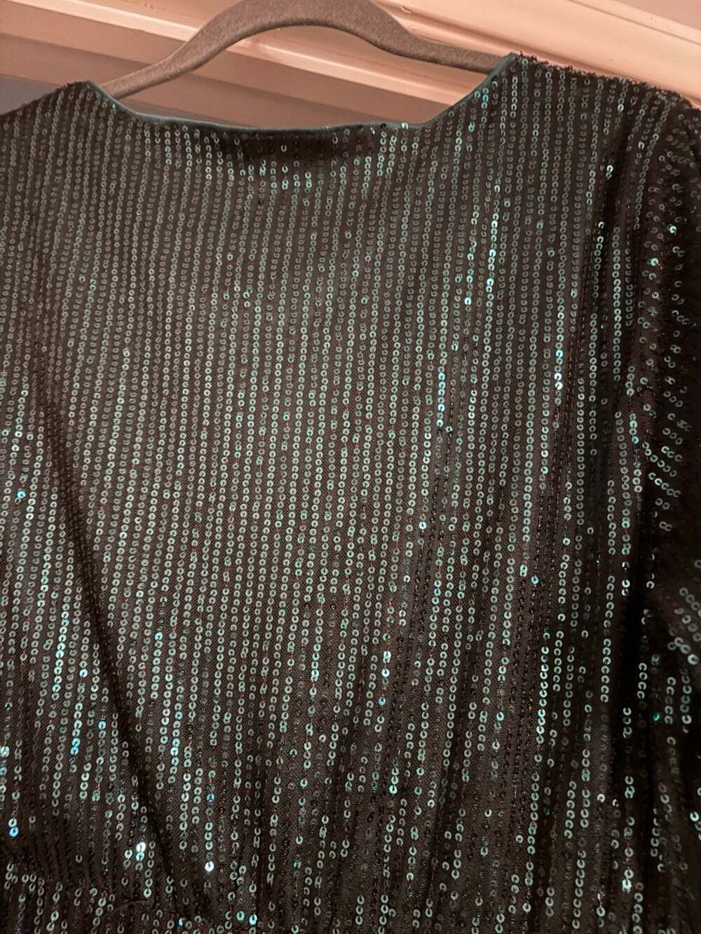 BloomChic Emerald Green Sequin Long Sleeve Wrap Midi Dress - Picture 3 of 5
